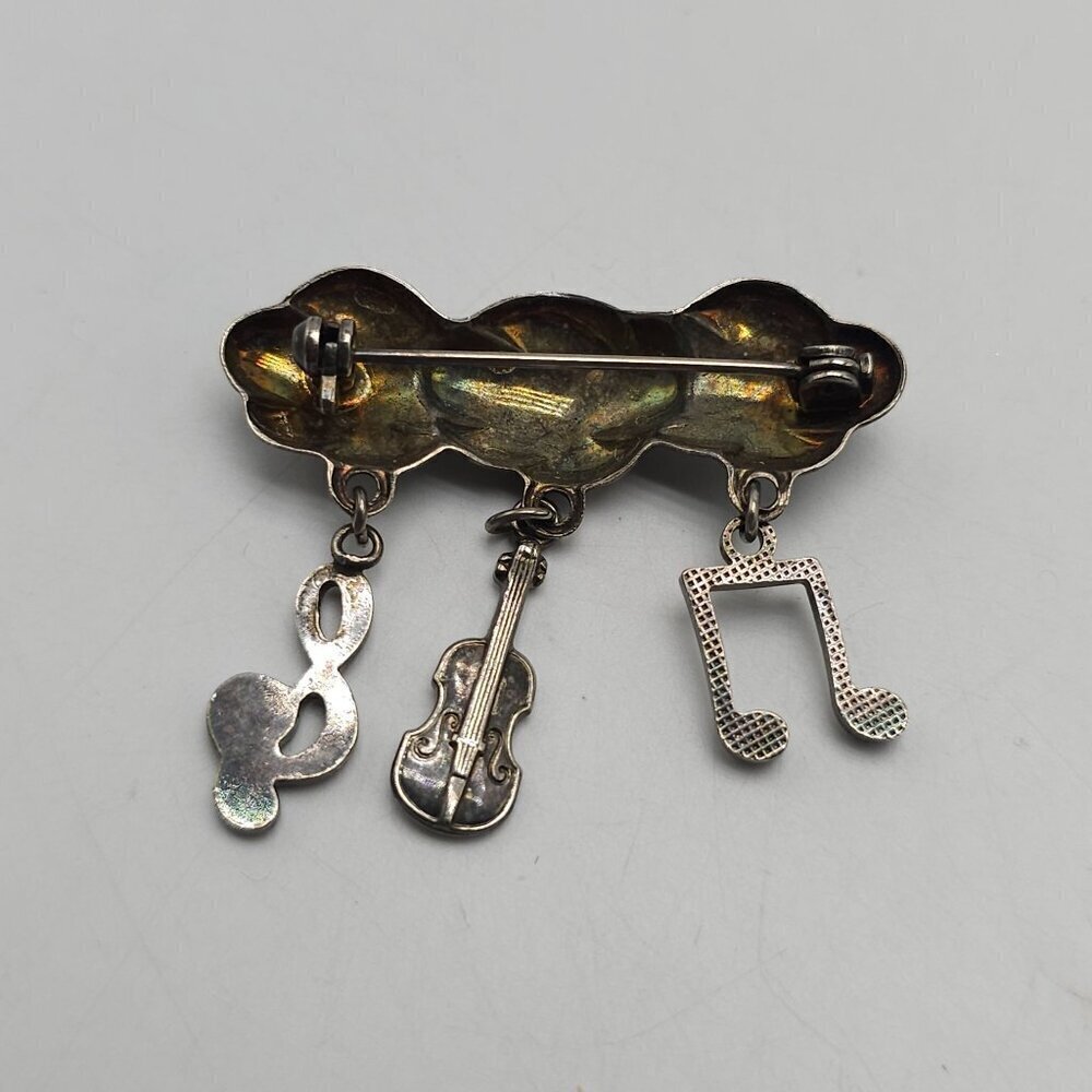 Vintage Silver Tone Musical Cloud Pin With Treble Clef Note & Violin Charms - Picture 3 of 4